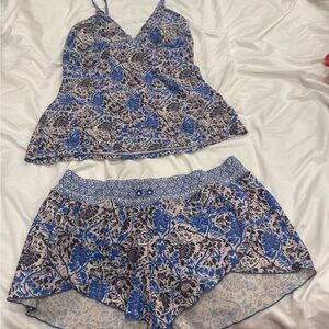 Athleta Blue and White Floral Tankini Top with Matching Swim Shorts